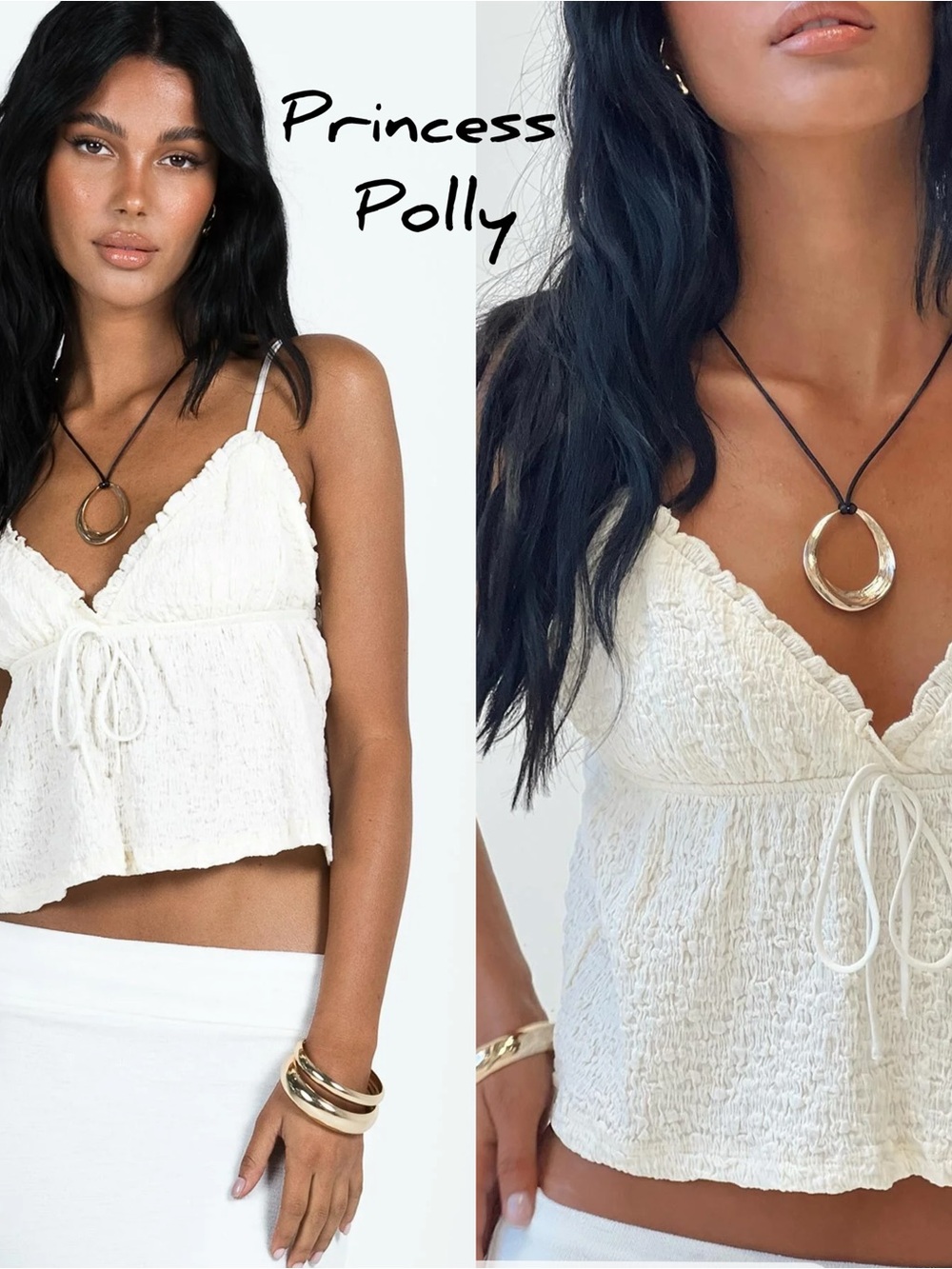 Princess Polly Cream Smocked Tie-Front Cami Top